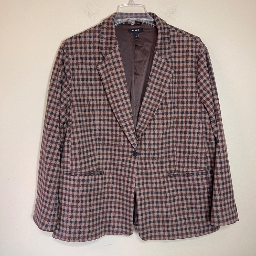 Torrid Brown Gingham Single Button Blazer Plus Size 2 2X Professional Office